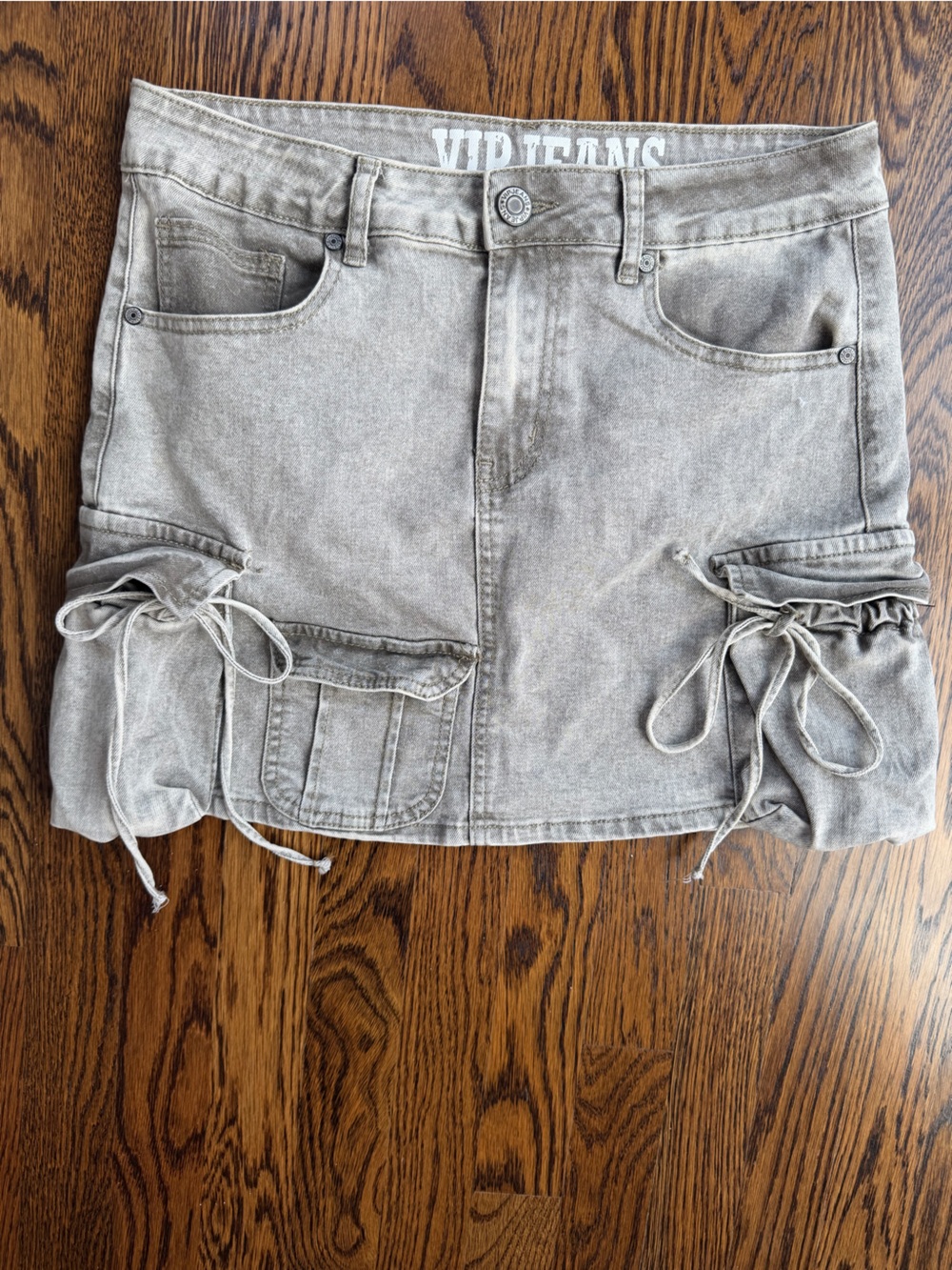 VIP Taupe Washed Denim 90s Retro Moto Bikercore Mini Skirt with Cargo Pockets